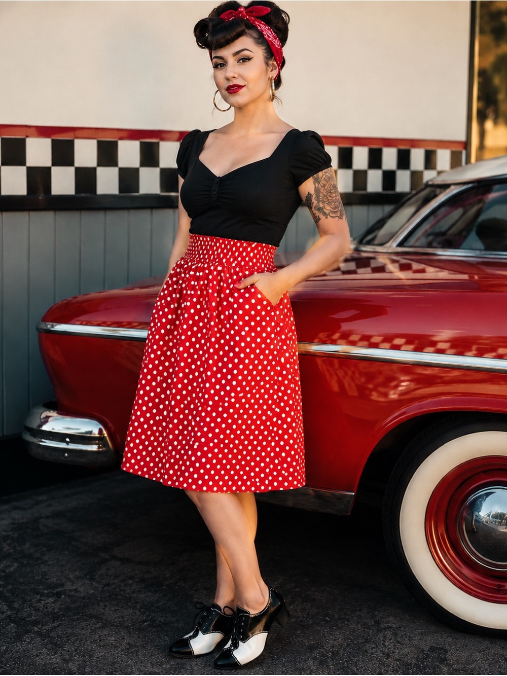 NWT Unique Vintage Large Red and White Polka Dot A-Line Skirt